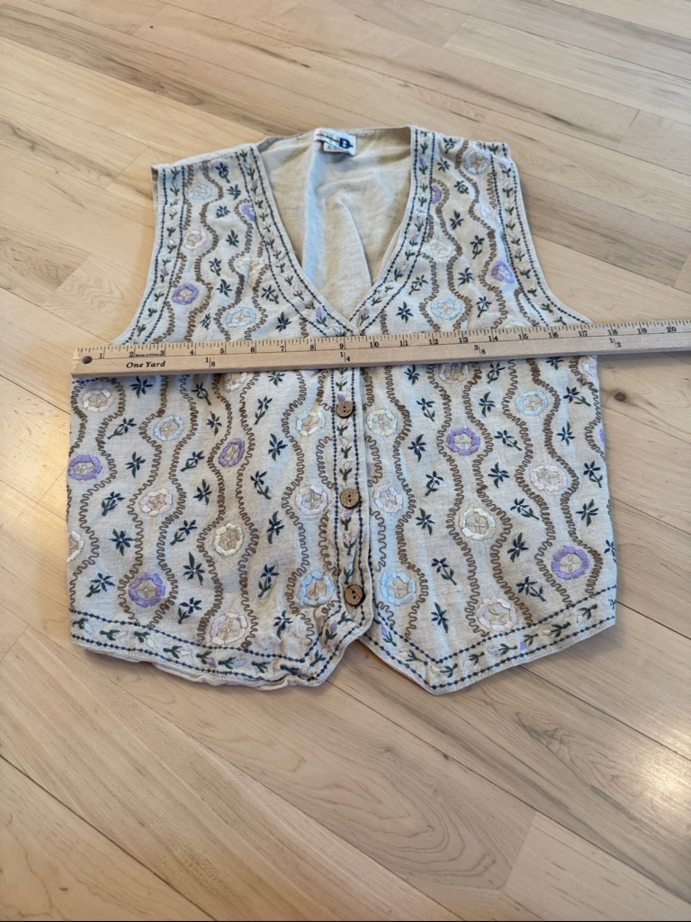Vintage Floral Embroidered Cotton Linen Vest Button Front V-Neck-L-Boho-Read - Picture 4 of 7